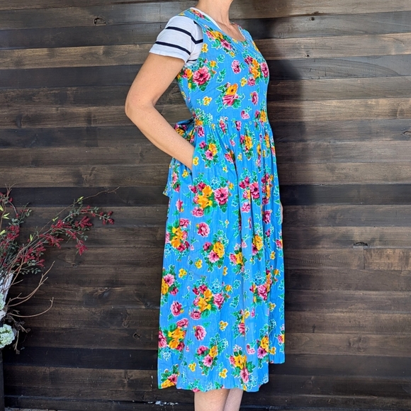 vintage FLORAL COTTON DRESS 1980's midi M - Picture 6 of 11